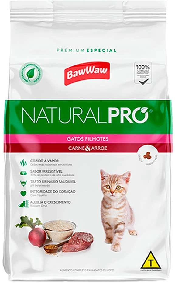 Ração Seca Baw Waw Natural Pro Carne e Arroz para Gatos Filhotes