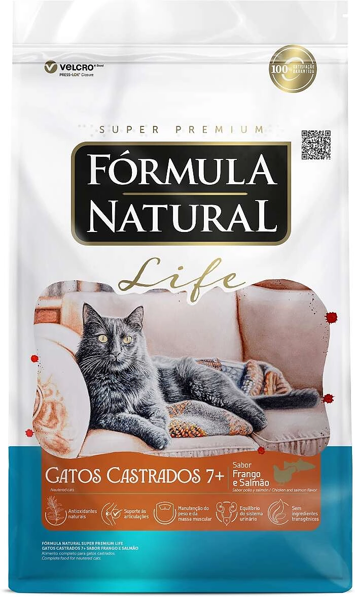 Ração Seca Fórmula Natural Life para Gatos Castrados Sabor Frango e Salmão 7+