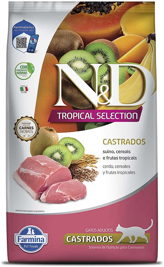 Ração Seca N&D Tropical Selection Suíno, Cereais e Frutas Tropicais para Gatos Adultos Castrados