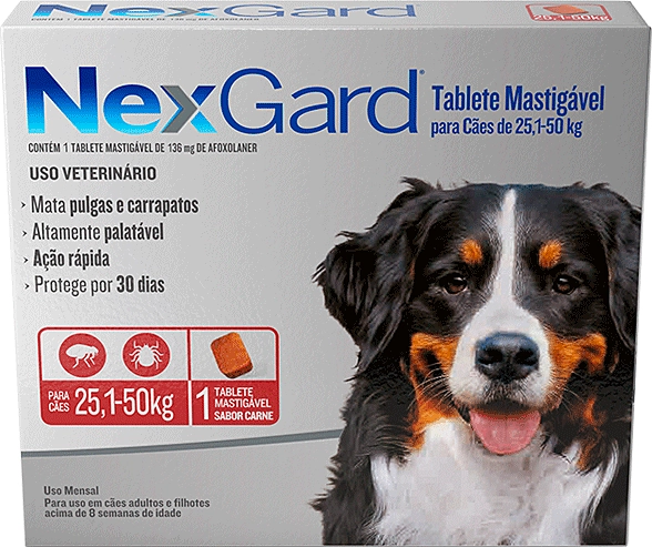 Antipulgas e Carrapatos NexGard 136 mg para Cães de 25,1 a 50 Kg