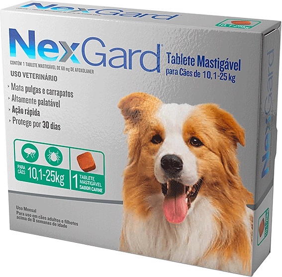 Antipulgas e Carrapatos NexGard 68 mg para Cães de 10,1 a 25 Kg