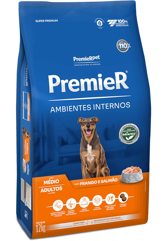 Premier Ambientes Internos Cães Adultos Porte Médio Frango e Salmão