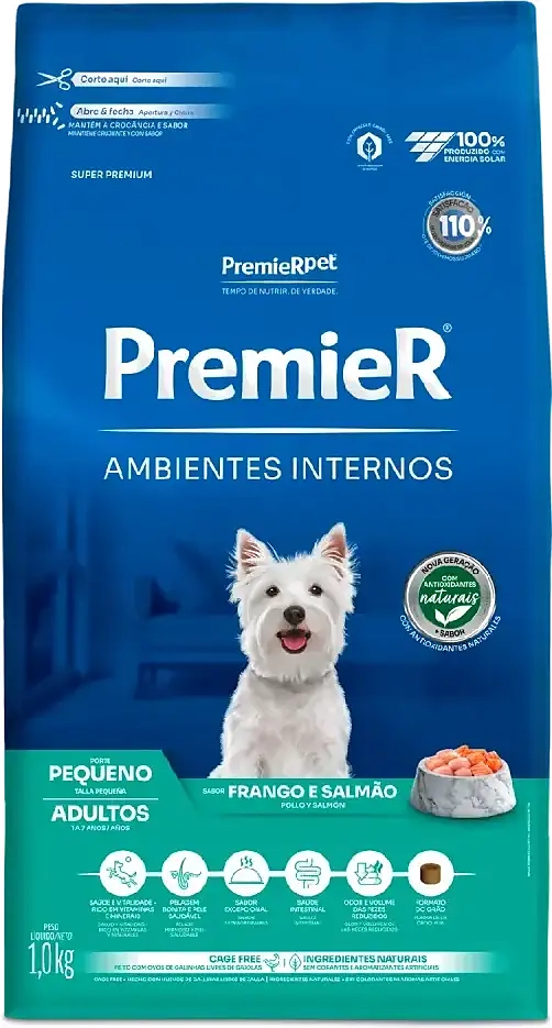 Ração Premier Pet Ambientes Internos Cães Adultos Frango e Salmão