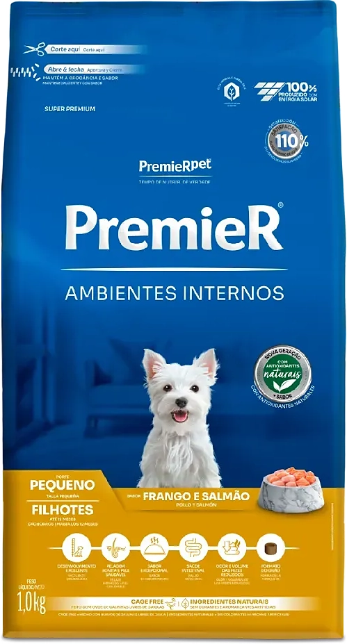 Ração Premier Pet Ambientes Internos Cães Filhotes Frango e Salmão