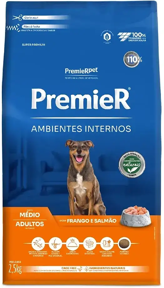 Ração Premier Pet Ambientes Internos Frango e Salmão para Cães Adultos Médio Porte
