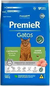 Ração Premier Pet Ambientes Internos Gatos Castrados Frango Acima de 12 Anos