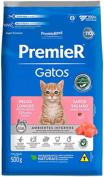 Ração Premier Pet Ambientes Internos Gatos Filhotes Pelos Longos Salmão