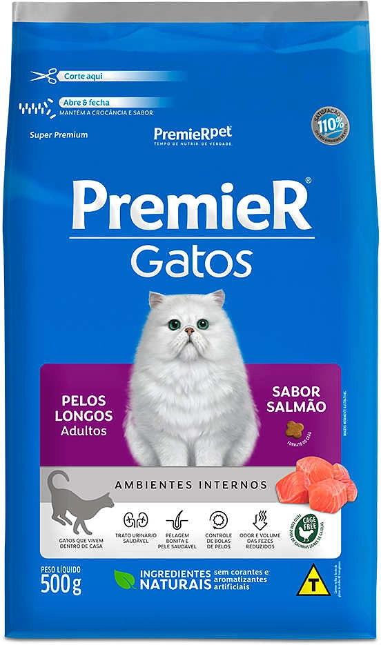 Ração Premier Pet Gatos Ambientes Internos Pelos Longos Adultos Salmão