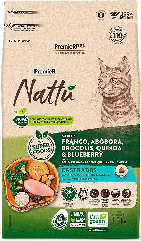 Ração Seca PremieR Nattú Abóbora para Gatos Castrados