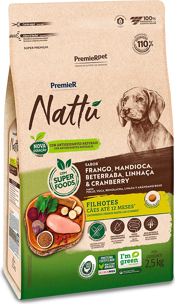 Ração Seca PremieR Nattú Mandioca para Cães Filhotes