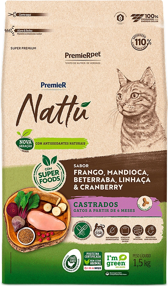 Ração Seca PremieR Nattú Mandioca para Gatos Castrados