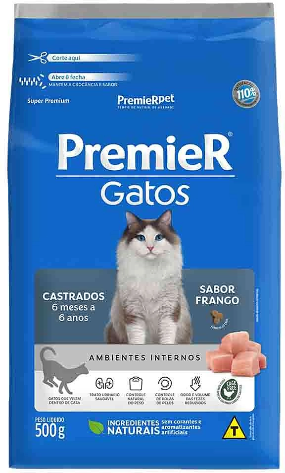 Ração Seca Premier Pet Ambientes Internos Frango 6 Meses a 6 Anos para Gatos Castrados