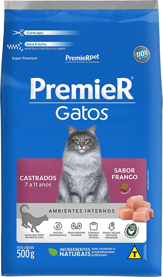 Ração Seca Premier Pet Ambientes Internos Frango 7 a 11 Anos para Gatos Castrados