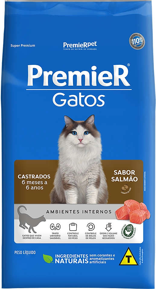 Ração Seca Premier Pet Ambientes Internos Salmão 6 Meses a 6 Anos para Gatos Castrados