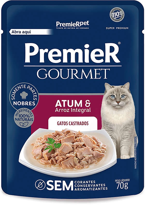 Ração Úmida Premier Gourmet Atum e Arroz Integral para Gatos Castrados