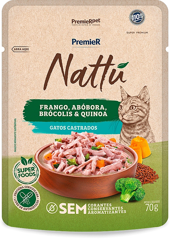 Ração Úmida Premier Nattú para Gatos Castrados sabor Frango e Abóbora