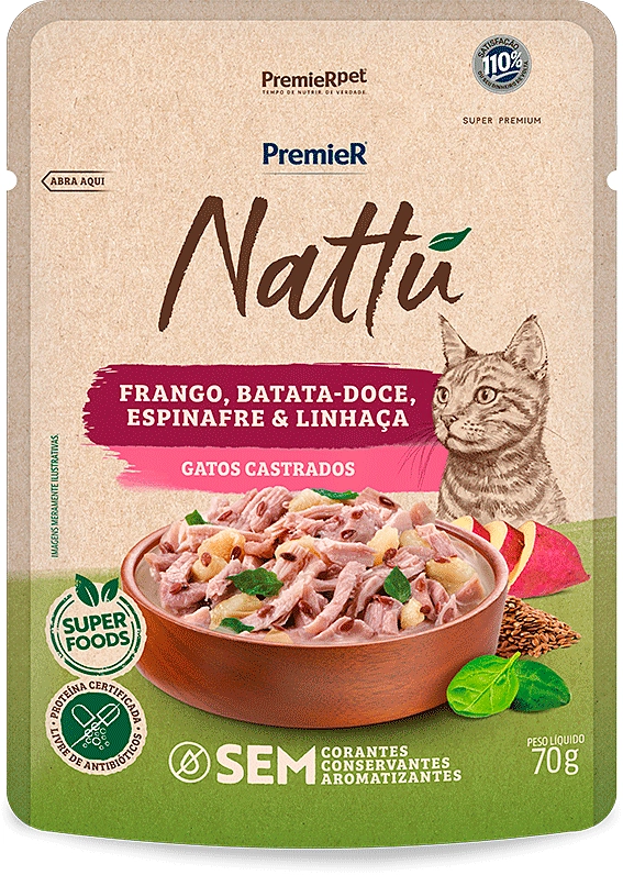Ração Úmida Premier Nattú para Gatos Castrados sabor Frango e Batata-Doce