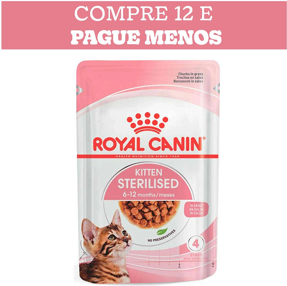 Ração Úmida Royal Canin Sachê Pedaços ao Molho Kitten Sterilised para Gatos Filhotes Castrados -