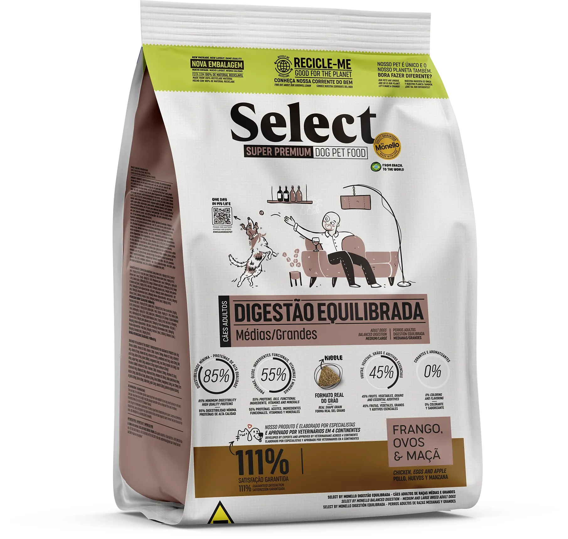 Select By Monello Digestão Equilibrada – Cães Adultos de Raças Médias e Grandes – Frango, Ovos e Maçã