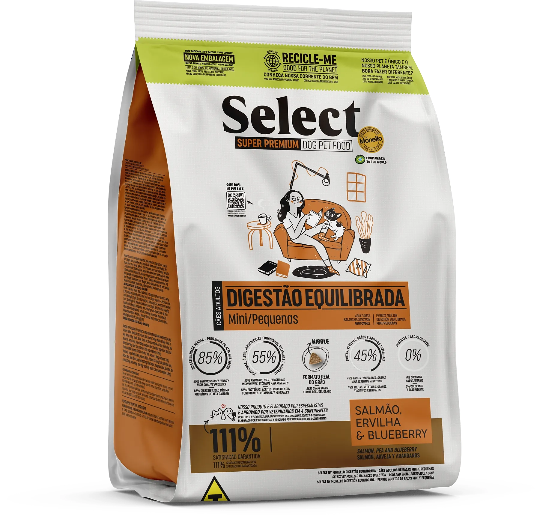 Select By Monello Digestão Equilibrada – Cães Adultos de Raças Mini e Pequenas – Salmão, Ervilha e Blueberry