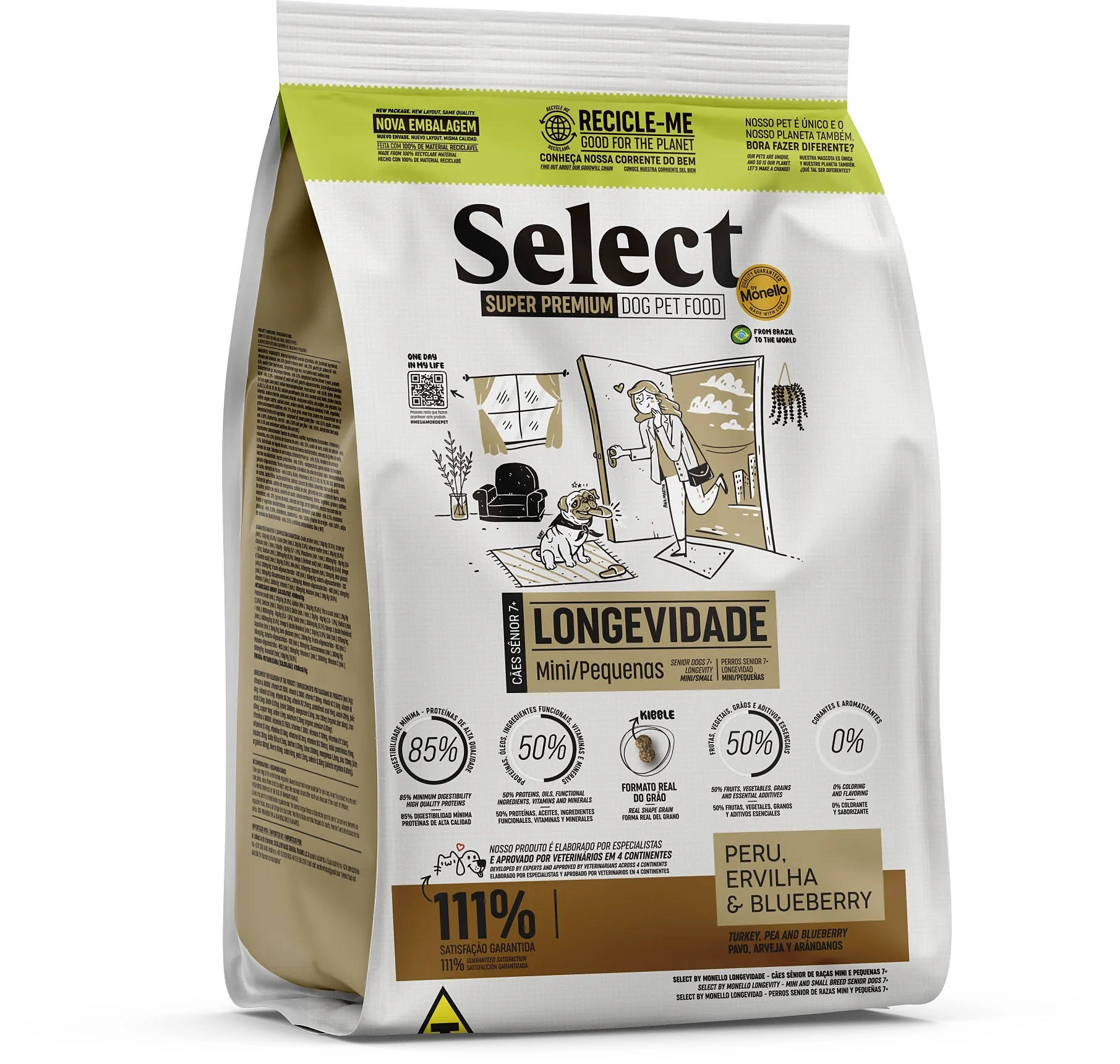 Select By Monello Longevidade – Cães Sênior de Raças Mini e Pequenas 7+ – Peru, Ervilha e Blueberry