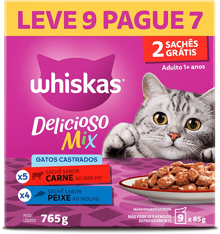 Ração Úmida Whiskas Sachê Carne e Peixe para Gatos Adultos Castrados