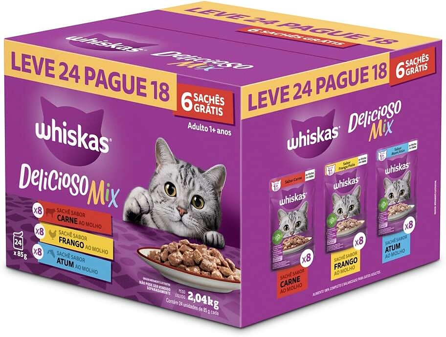 Ração Úmida Whiskas Sachê Carne, Frango e Atum para Gatos Adultos